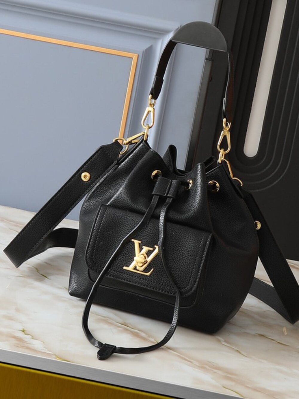 Louis Vuitton LockMe Bucket Bag in Grained Calfskin, Black